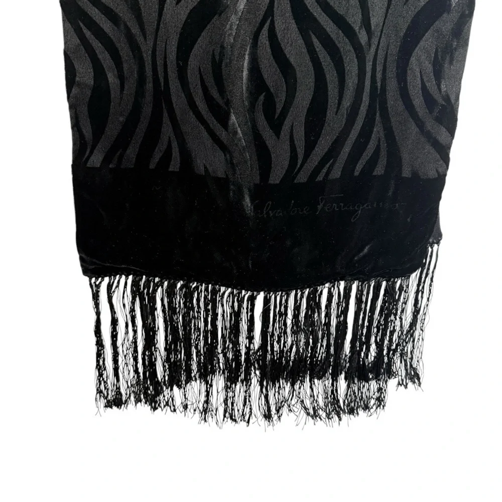 Salvatore Ferragamo Zebra Pattern Black Velvet Neck Scarf Fringe Ends Made Italy